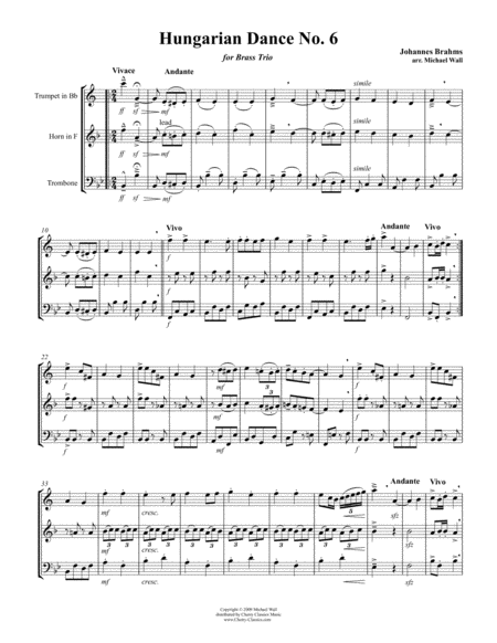 Hungarian Dance No 6 For Brass Trio Sheet Music