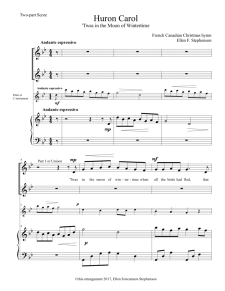 Free Sheet Music Huron Carol Twas In The Moon Of Wintertime