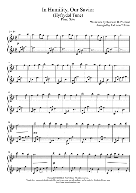 Free Sheet Music Hyfrydol Tune In Humility Our Savior Piano Solo