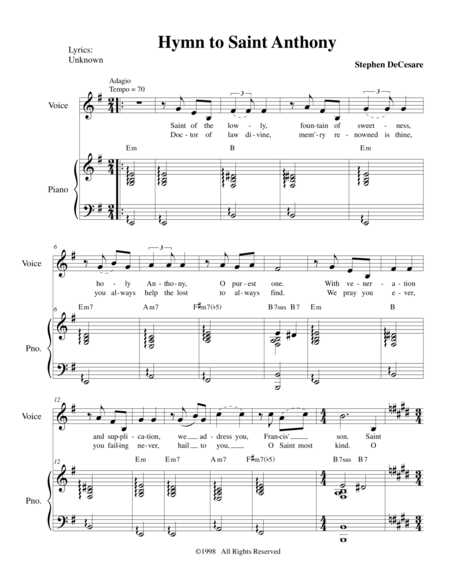 Free Sheet Music Hymn To Saint Anthony