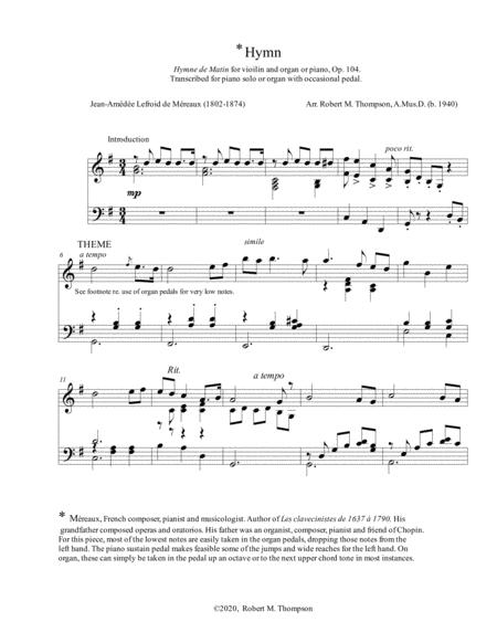 Hymne De Matin By 19th Century French Composer Transcribed For Organ Or Piano Sheet Music