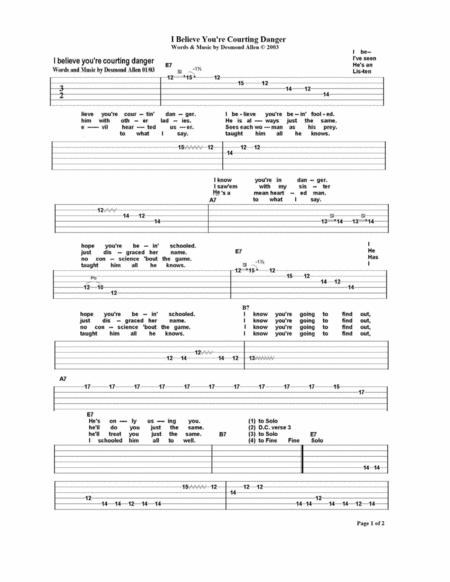 I Believe You Re Courting Danger Guitar Tabs By Desmond Allen Sheet Music