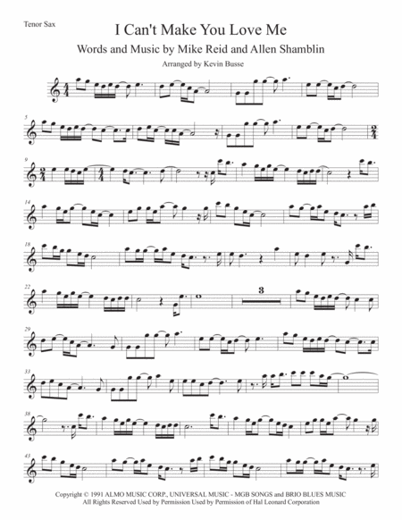 I Cant Make You Love Me Tenor Sax Easy Key Of C Sheet Music