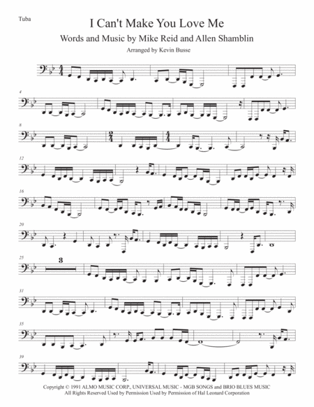 I Cant Make You Love Me Tuba Original Key Sheet Music