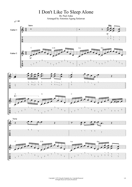 Free Sheet Music I Dont Like To Sleep Alone Fingerstyle Guitar Duet