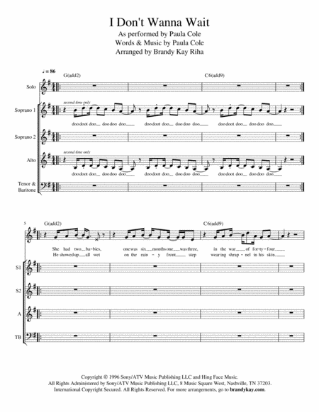 I Dont Wanna Wait Ssatb Piano Chords Sheet Music