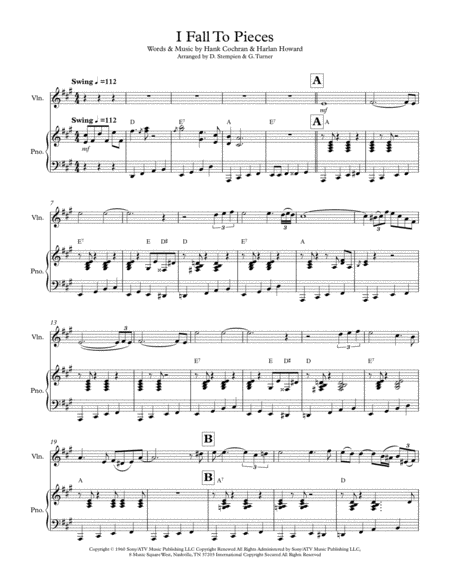 I Fall To Pieces For Violin Solo With Piano Accompaniment Patsy Cline Trisha Yearwood Sheet Music