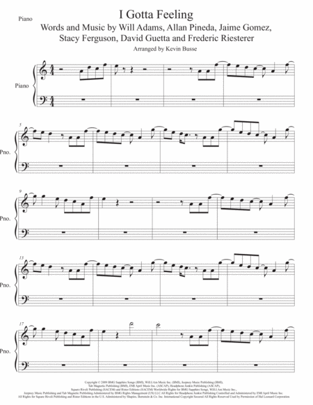 Free Sheet Music I Gotta Feeling Piano Easy Key Of C