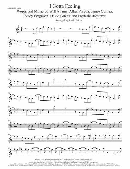 Free Sheet Music I Gotta Feeling Soprano Sax Easy Key Of C