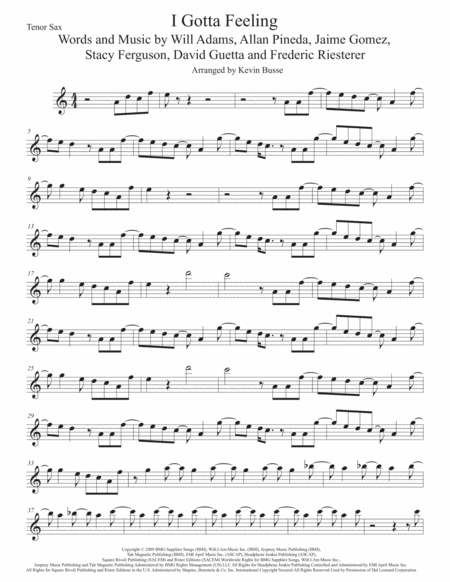 I Gotta Feeling Tenor Sax Easy Key Of C Sheet Music