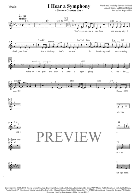 I Hear A Symphony Vocals W Chords Transcription Of Original Motown Recording Sheet Music