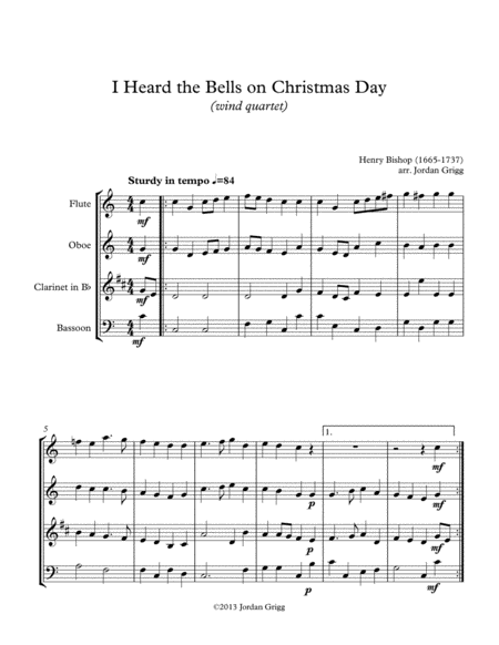 Free Sheet Music I Heard The Bells On Christmas Day Wind Quartet