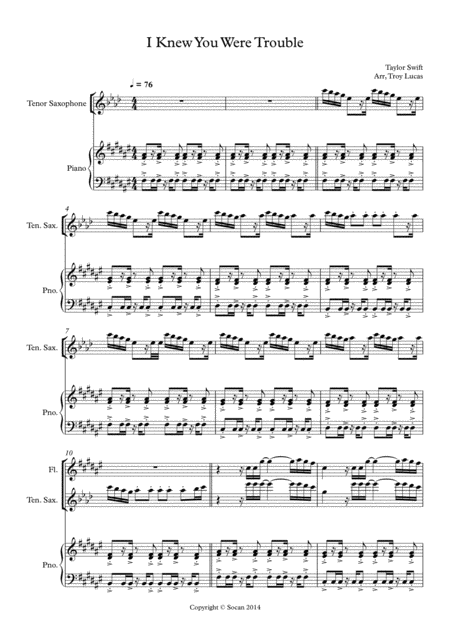 Free Sheet Music I Knew You Were Trouble Flute Tenor Saxophone Piano