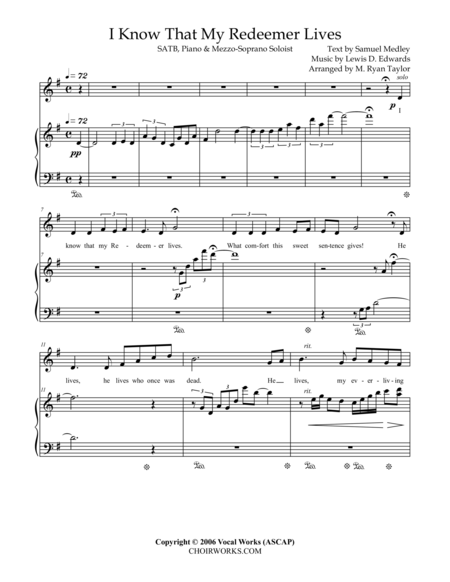 Free Sheet Music I Know That My Redeemer Lives Satb And Piano