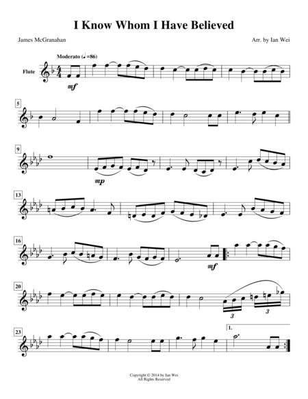Free Sheet Music I Know Whom I Have Believed For Woodwind Quartet