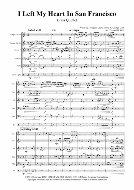 I Left My Heart In San Francisco Tony Bennet Brass Quintet Sheet Music