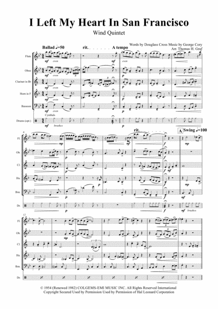 Free Sheet Music I Left My Heart In San Francisco Tony Bennett Wind Quintet