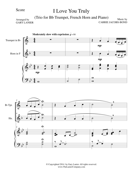 Free Sheet Music I Love You Truly Trio Bb Trumpet French Horn And Piano With Score And Parts