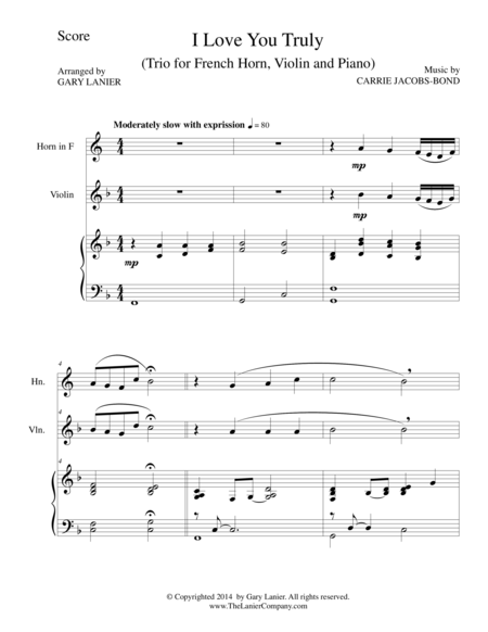 Free Sheet Music I Love You Truly Trio French Horn Violin And Piano With Score And Parts