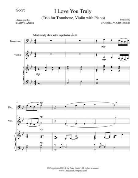 Free Sheet Music I Love You Truly Trio Trombone Violin And Piano With Score And Parts