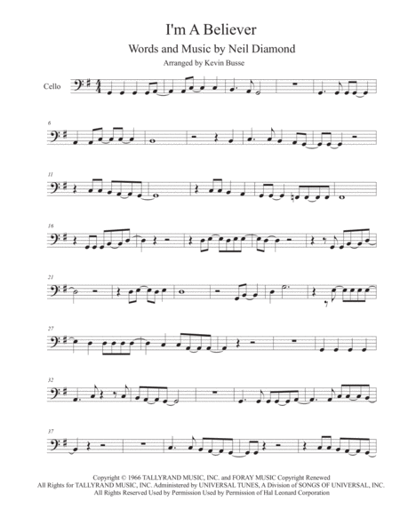 Free Sheet Music I M A Believer Cello