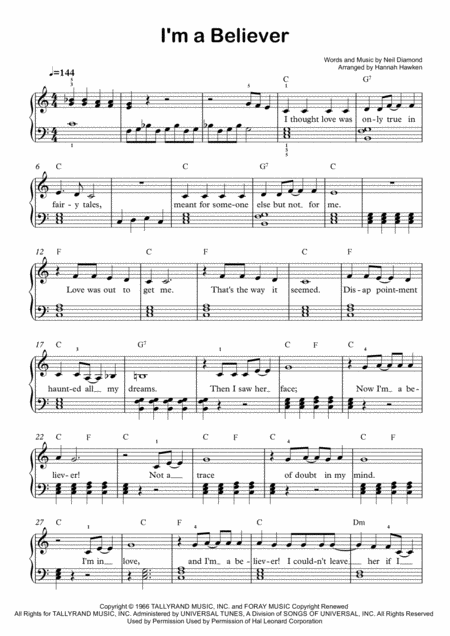 I M A Believer Easy Piano Sheet Music