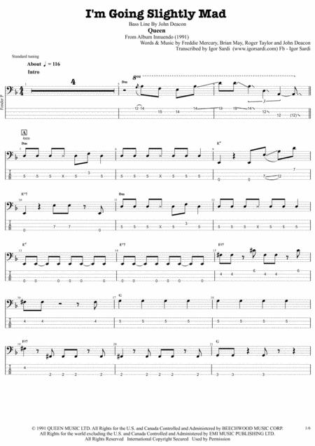 I M Going Slightly Mad Queen John Deacon Complete And Accurate Bass Transcription Whit Tab Sheet Music