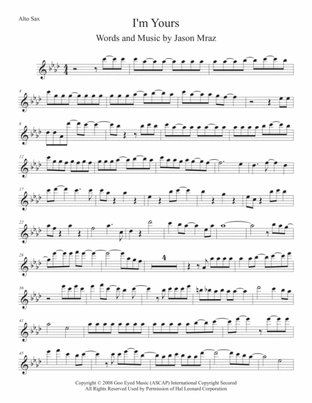 I M Yours Alto Sax Original Key Sheet Music