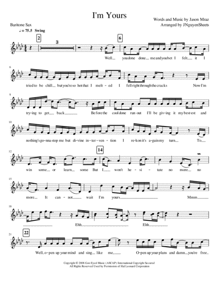 I M Yours Baritone Saxophone Sheet Music