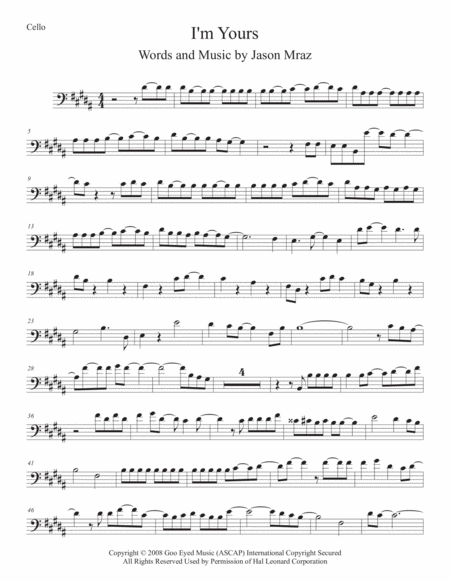 I M Yours Cello Original Key Sheet Music