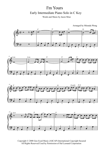 Free Sheet Music I M Yours Intermediate Piano Solo In C Key With Chords