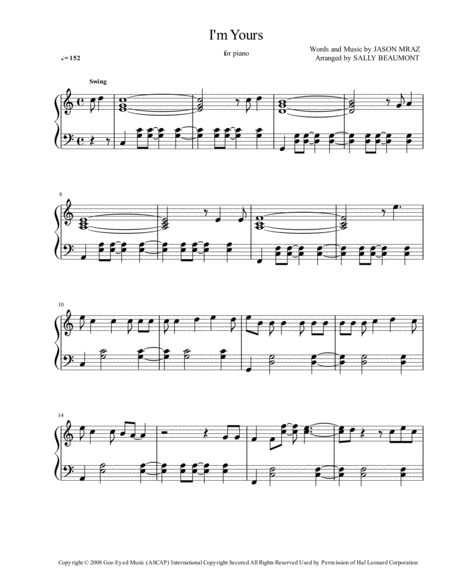 I M Yours Jason Mraz Piano Solo Sheet Music