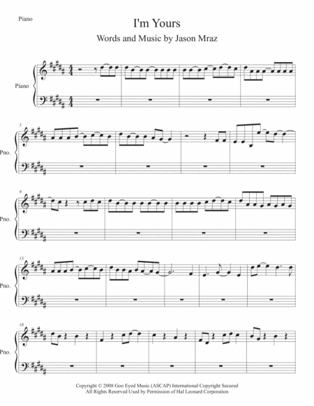 I M Yours Piano Original Key Sheet Music