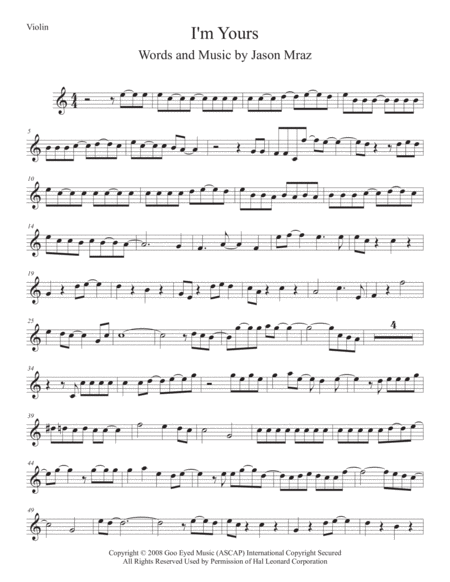 I M Yours Violin Easy Key Of C Sheet Music