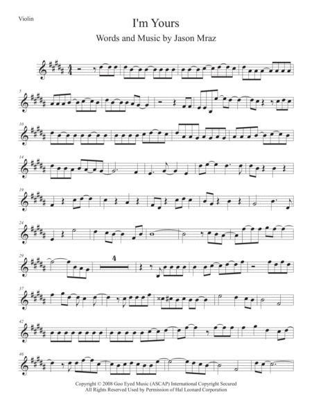 I M Yours Violin Original Key Sheet Music