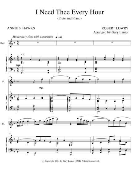 Free Sheet Music I Need Thee Every Hour Flute Solo With Piano And Flt Part