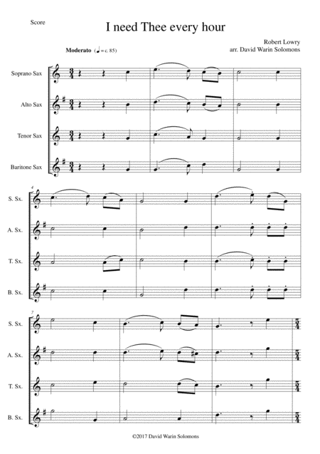 I Need Thee Every Hour For Saxophone Quartet Sheet Music