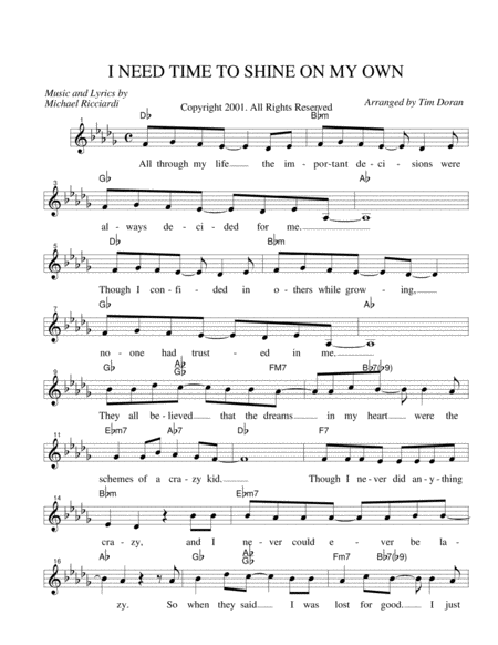 Free Sheet Music I Need Time To Shine On My Own
