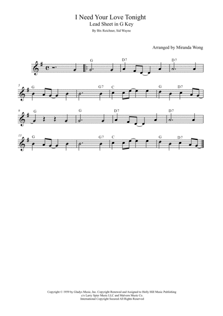 Free Sheet Music I Need Your Love Tonight Lead Sheet In Published G Key With Chords