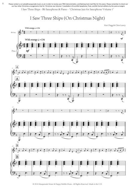 Free Sheet Music I Saw Three Ships An Arrangement That Simply Oozes Christmas For Bb Saxophone Tenor Or Soprano And Piano Includes Free Demo And Backing Tracks On Requ