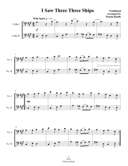 I Saw Three Ships Cello Duet Intermediate Sheet Music