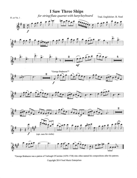 Free Sheet Music I Saw Three Ships Parts Arranged For String Quartet Or Flute Quartet With Harp Or Keyboard