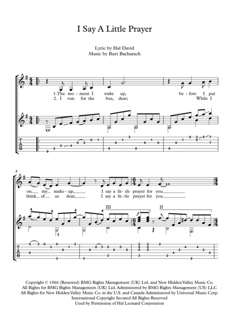 I Say A Little Prayer Fingerstyle Guitar Sheet Music