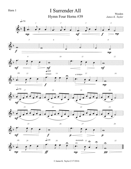 Free Sheet Music I Surrender All Hymn Four Horns 39