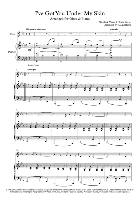 Free Sheet Music I Ve Got You Under My Skin Arranged For Oboe And Piano