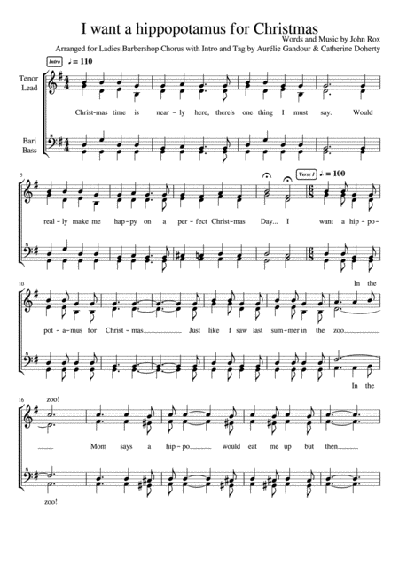 Free Sheet Music I Want A Hippopotamus For Christmas Ladies Barbershop