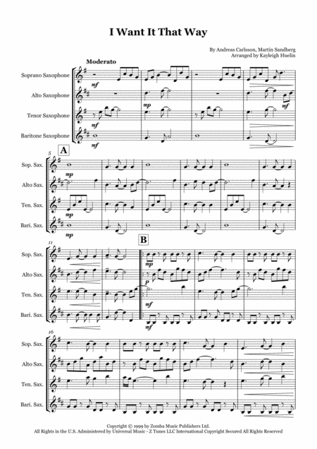 I Want It That Way By The Backstreet Boys Saxophone Quartet Satb Sheet Music