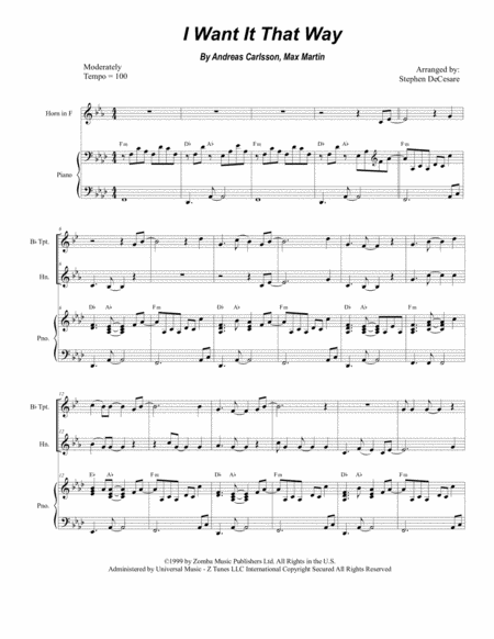 I Want It That Way Duet For Bb Trumpet And French Horn Sheet Music