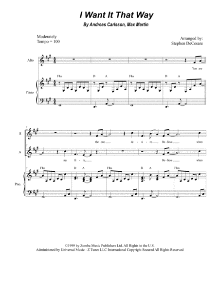 Free Sheet Music I Want It That Way For 2 Part Choir Sa