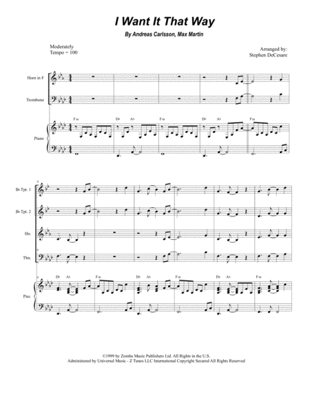 Free Sheet Music I Want It That Way For Brass Quartet And Piano